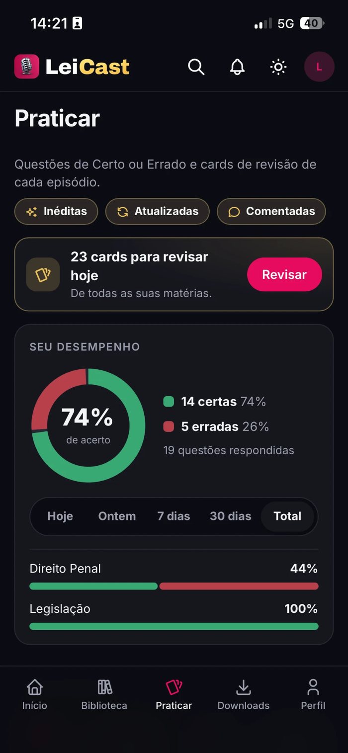 Aba Praticar: questões e cards de cada aula, com seu desempenho