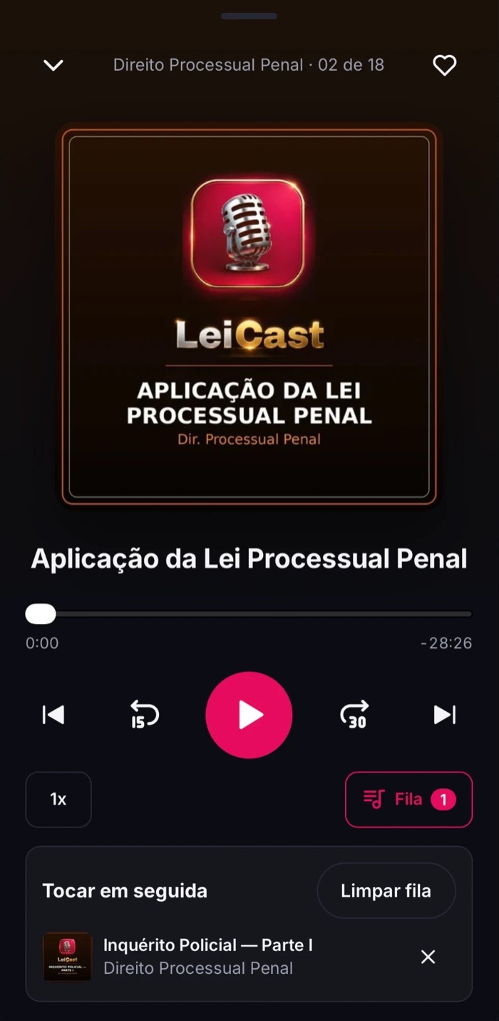 App LeiCast tocando uma aula de Processual Penal